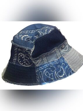 Patchwork Denim Bucket Hat Blue Bandana Paisley Y2K Boho Festival Unisex
